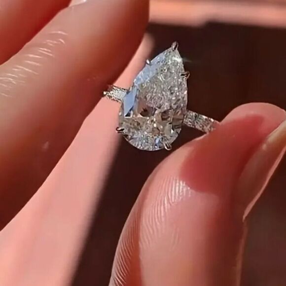 - Pear cut solitaire Engagement Ring 925 Silver with pave infinity band size 7 - Picture 1 of 5